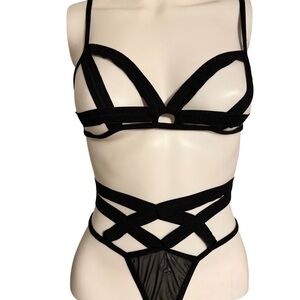 Black Strappy Cutout Lingerie Set - Women Intimates